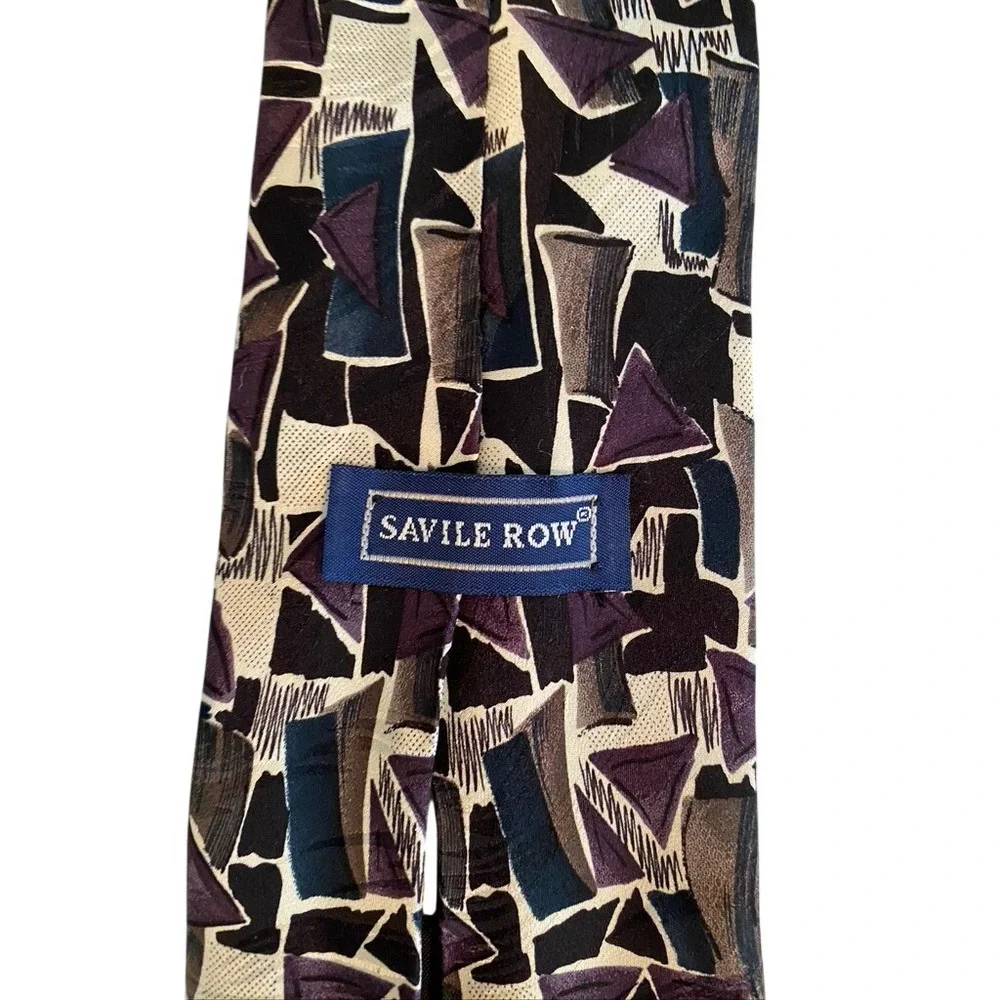 Savile Row Mens Geometric Abstract Silk Tie Purple Grey Black 90s Retro Vintage